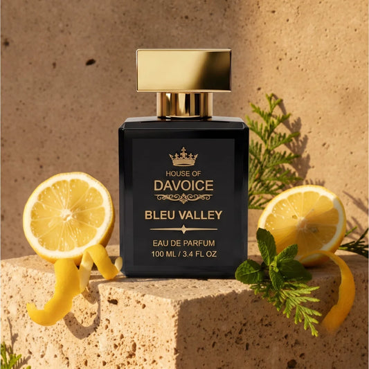 Bleu Valley men's citrus cologne with sparkling citrus, airy freshness, clean woods and soft amber warmth