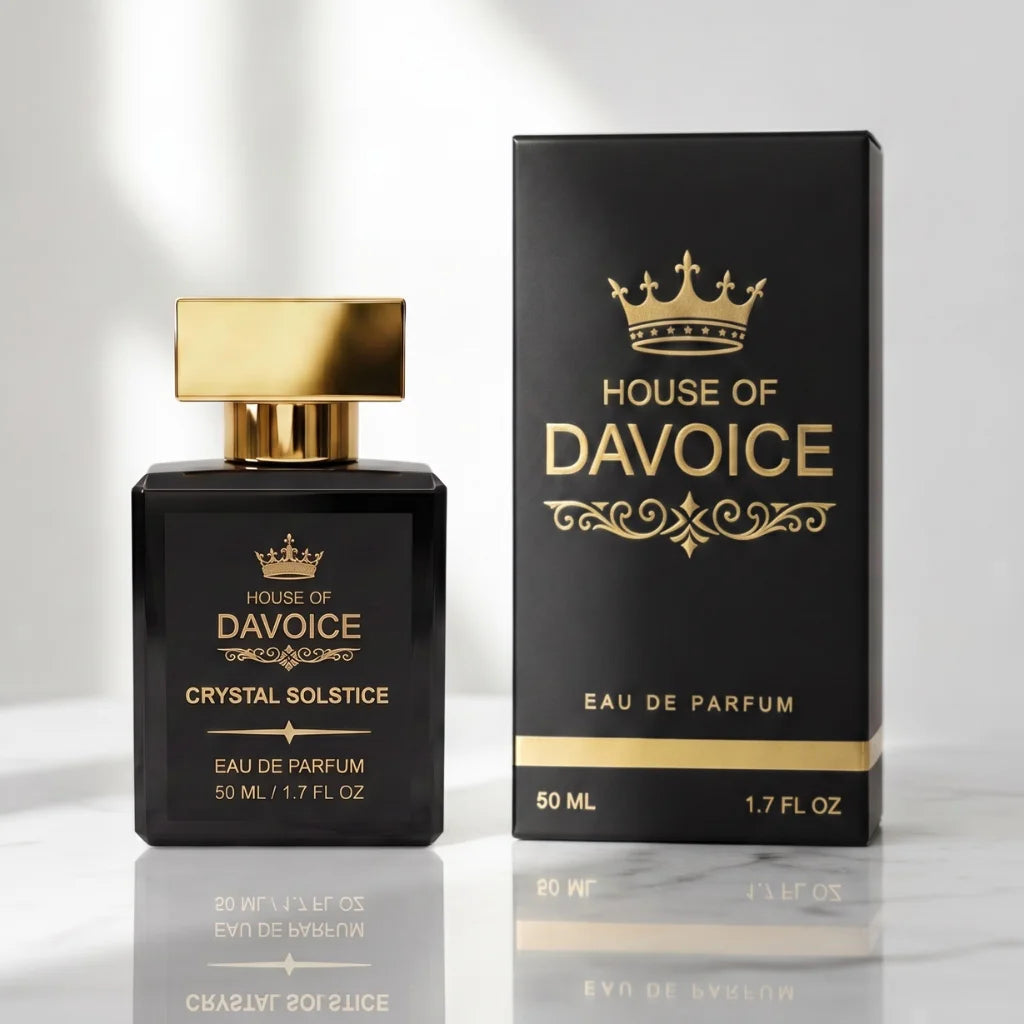 Crystal Solstice Eau de Parfum 50 mL, a fragrance that smells like Baccarat Rouge 540, displayed beside its luxury gift box
