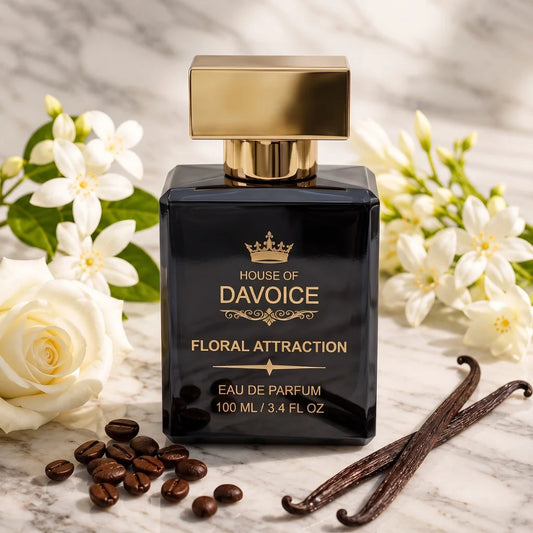 House of DaVoice Floral Attraction surrounded by jasmine and white flowers, Women's Floral Perfume, Perfumes Like Good Girl by Carolina Herrera
