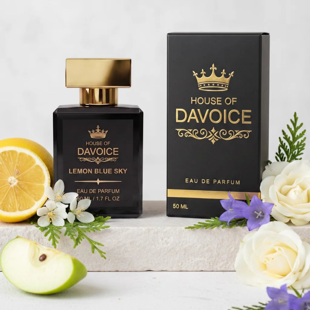 House of DaVoice Lemon Blue Sky 50ml perfume and box with lemons, green apple and flowers inspired by Dolce and Gabbana Light Blue Perfume for Women