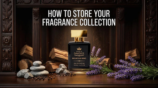 House of DaVoice Mountain Wind perfume bottle safely stored inside a dark wooden display cabinet alongside cedarwood logs, raw ambroxan stones, and lavender sprigs