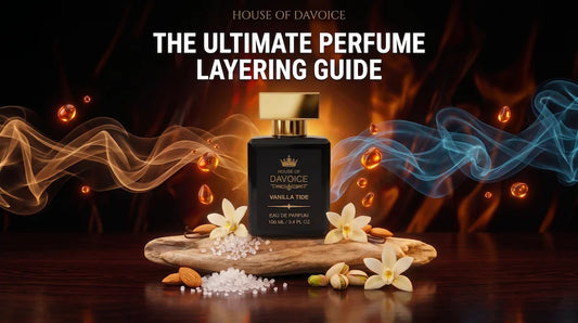 House of DaVoice Vanilla Tide perfume bottle set on sun-warmed driftwood surrounded by sea salt crystals, toasted almonds, and vanilla orchids with ethereal amber vapor trails