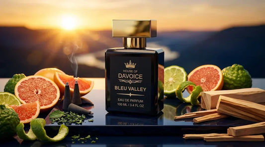 Bleu Valley 25% Eau de Parfum bottle on obsidian with grapefruit, incense, and sandalwood, a Bleu de Chanel dupe.