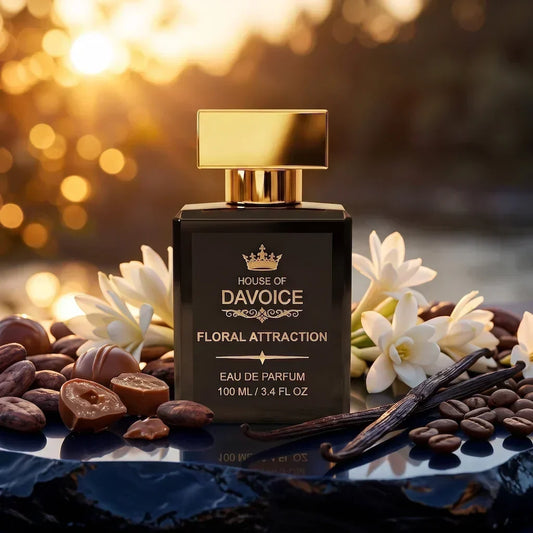 Floral Attraction 25% Eau de Parfum bottle on dark stone with cocoa, praline, and tuberose, a Good Girl dupe.