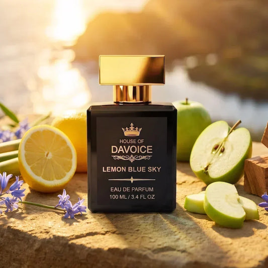 Lemon Blue Sky 25% Eau de Parfum bottle on sandstone rock with Sicilian lemon and apple, a Dolce & Gabbana Light Blue dupe.