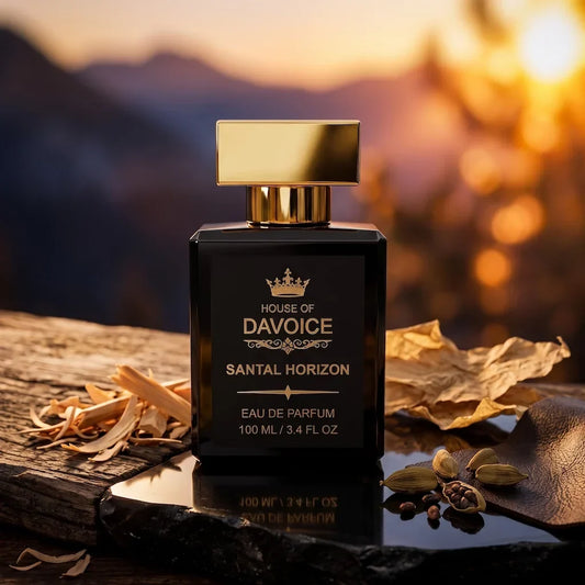 Santal Horizon 25% Eau de Parfum bottle on cedarwood surrounded by Australian sandalwood and leather, a Santal 33 alternative.