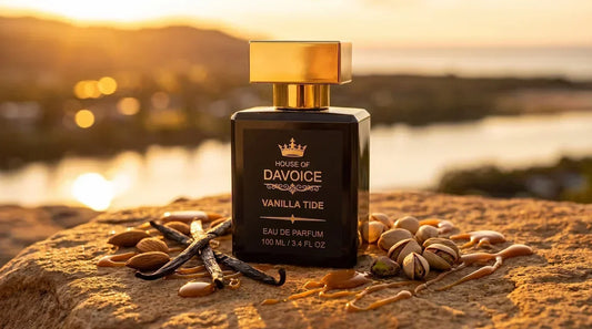 Vanilla Tide 25% Eau de Parfum bottle on sun-baked stone with roasted pistachios and caramel, a Sol de Janeiro 62 alternative.