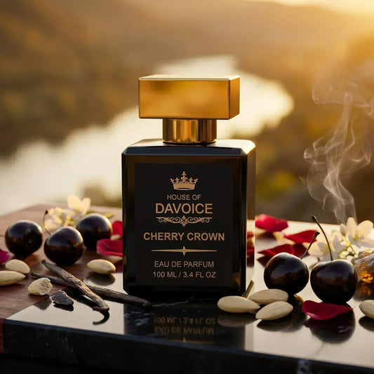Cherry Crown 25% Eau de Parfum bottle on dark stone with black cherries, liqueur, and balsam, a Tom Ford Lost Cherry dupe.