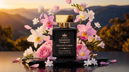 Nuclear Flower 25% Eau de Parfum bottle on obsidian stone surrounded by rose and jasmine petals, a Viktor and Rolf Flowerbomb dupe.