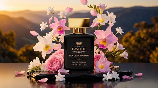Nuclear Flower 25% Eau de Parfum bottle on obsidian stone surrounded by rose and jasmine petals, a Viktor and Rolf Flowerbomb dupe.