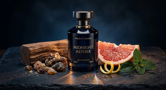 Bleu de Chanel cologne bottle on dark charcoal slate with fresh grapefruit and sandalwood notes