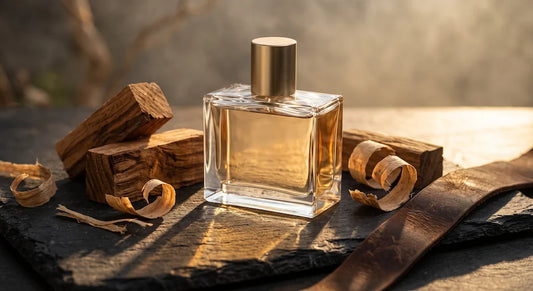 Le Labo Santal 33 fragrance bottle on dark slate surrounded by raw sandalwood and leather notes