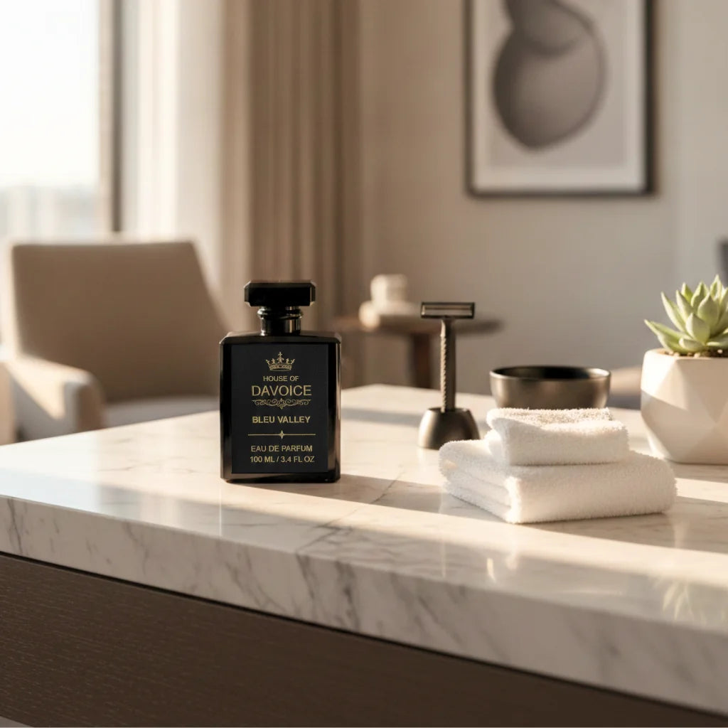 Bleu Valley men's citrus cologne is similar to Bleu de Chanel Eau de Parfum, and is displayed on a luxury bathroom vanity