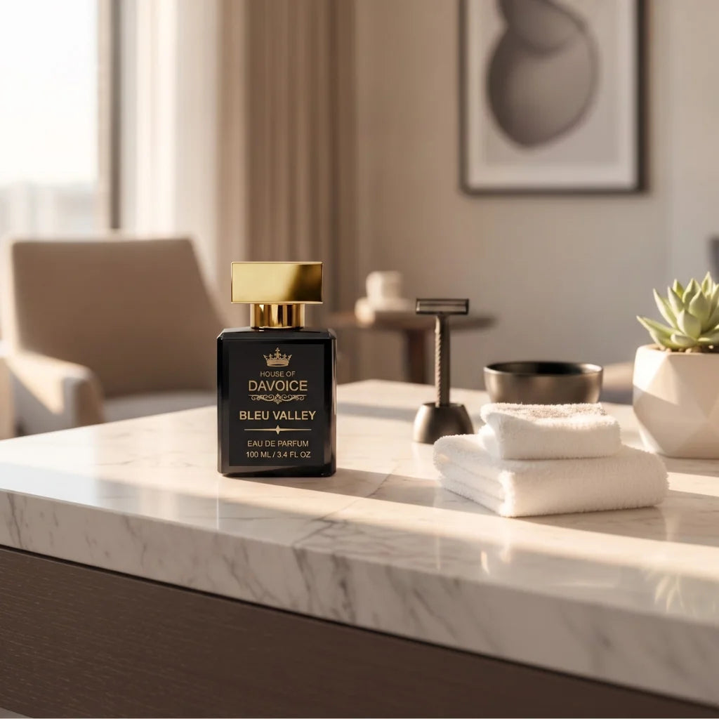 Bleu Valley men's citrus cologne is similar to Bleu de Eau de Parfum, and is displayed on a luxury bathroom vanity