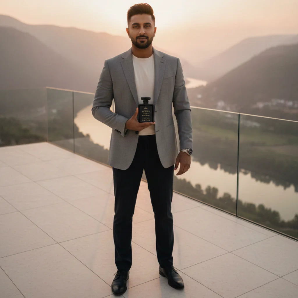 Bleu Valley luxury men's fragrance in a modern lifestyle setting inspired by Chanel Bleu for men