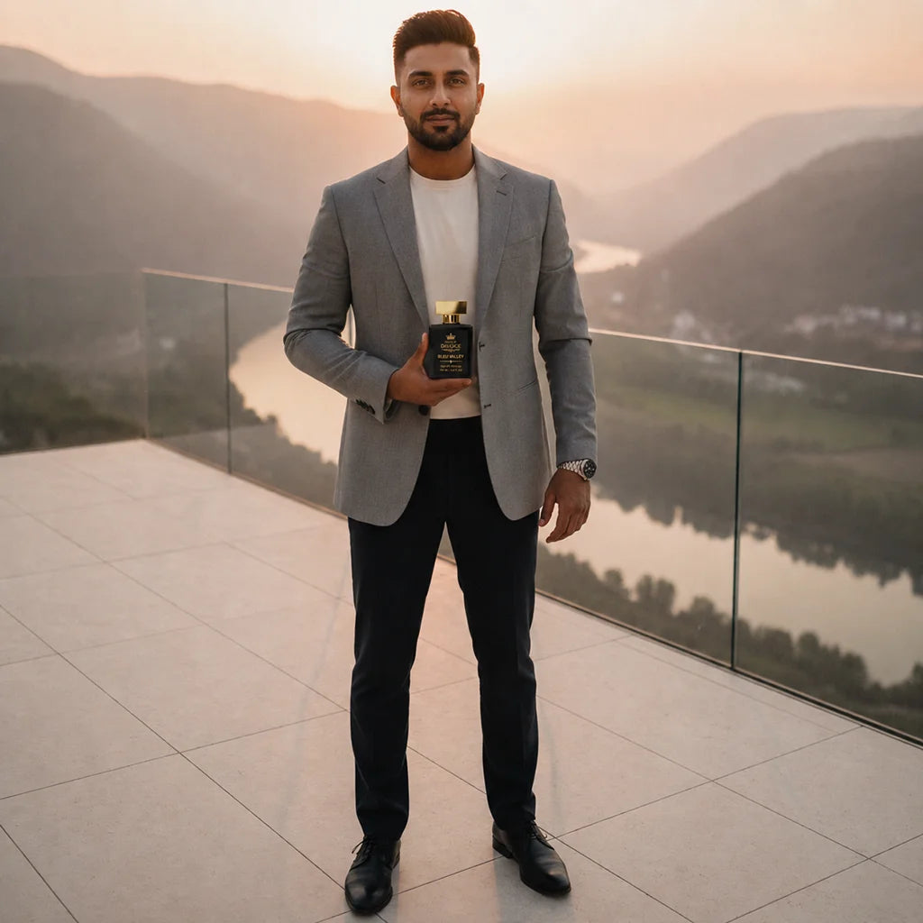 Bleu Valley luxury men's fragrance in a modern lifestyle setting inspired by Bleu for men