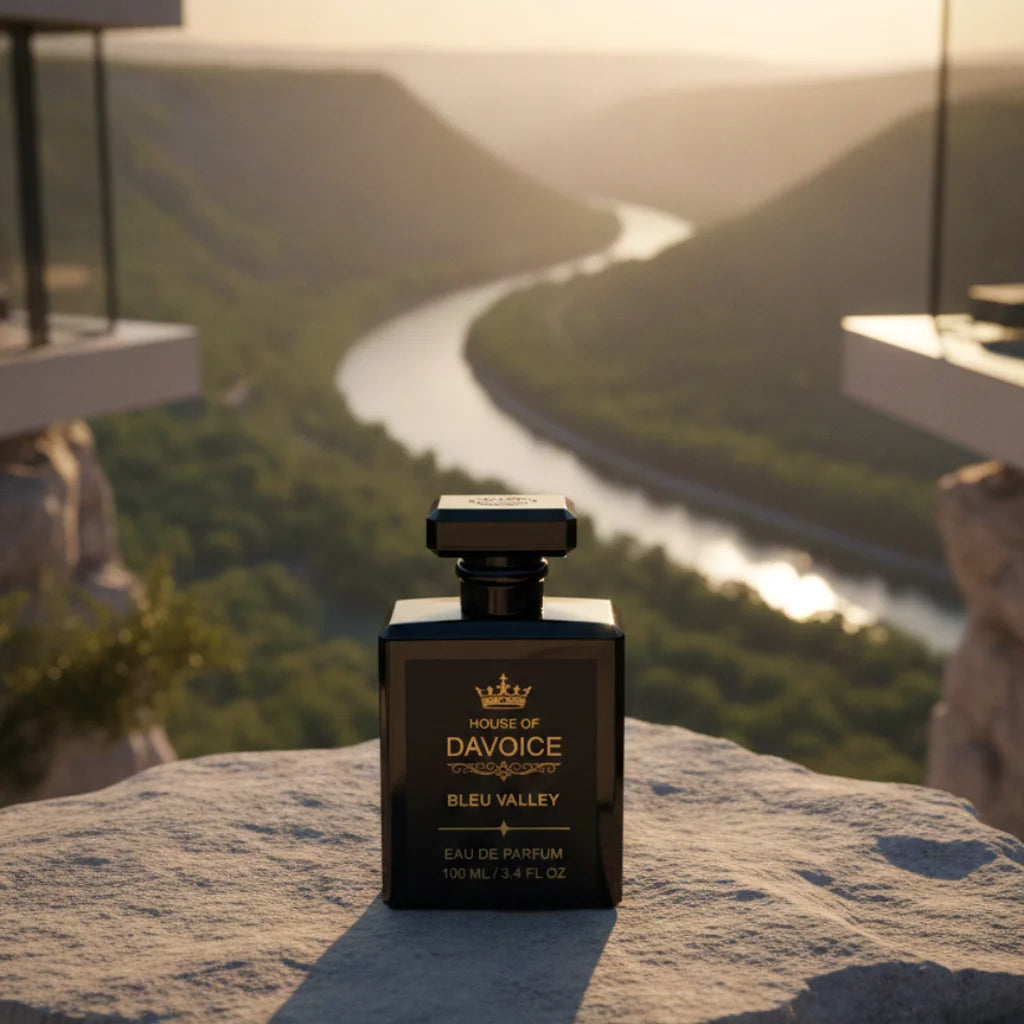 House of DaVoice Bleu Valley overlooking a peaceful river valley at golden hour