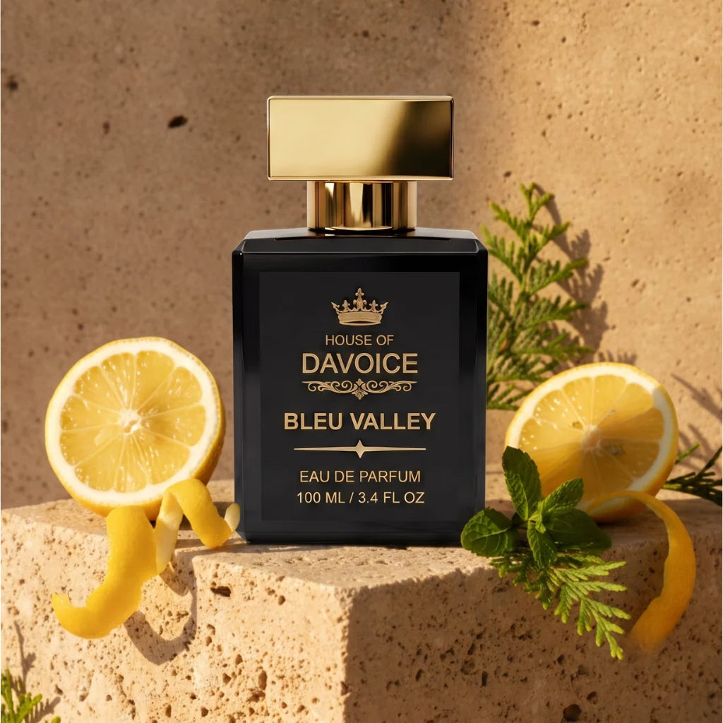 Bleu Valley men's citrus cologne with sparkling citrus, airy freshness, clean woods and soft amber warmth