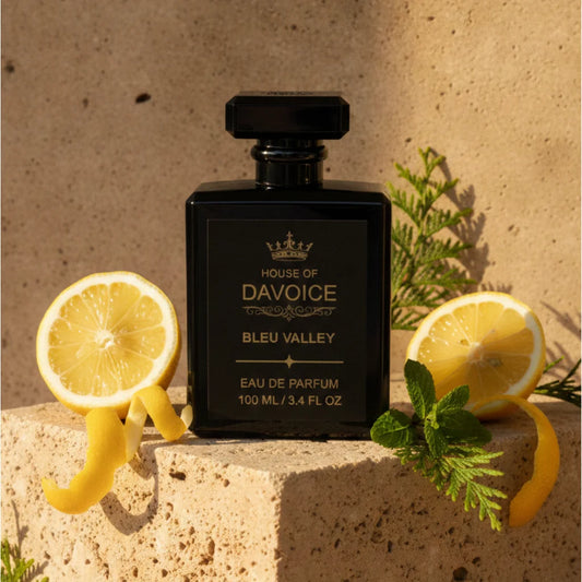 Bleu Valley men's citrus cologne with sparkling citrus, airy freshness, clean woods and soft amber warmth