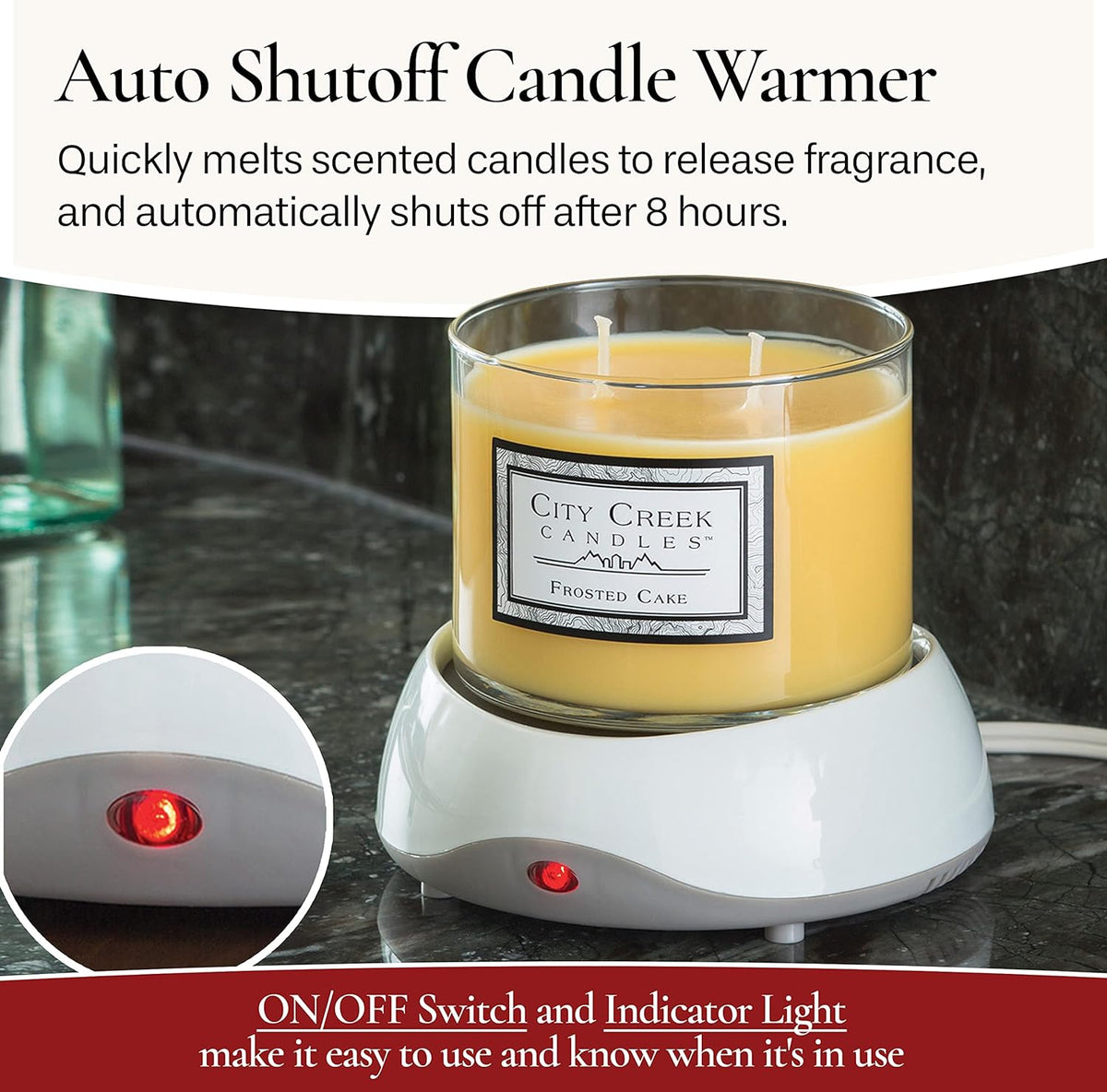Auto Shutoff Candle Warmer Plate with Indicator Light White auto shutoff candle warmer plate shown heating a large glass jar candle with a red power indicator