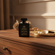 House of DaVoice Cherry Crown perfume displayed on a luxury dresser, Tom Ford Lost Cherry dupe with black cherry and floral notes