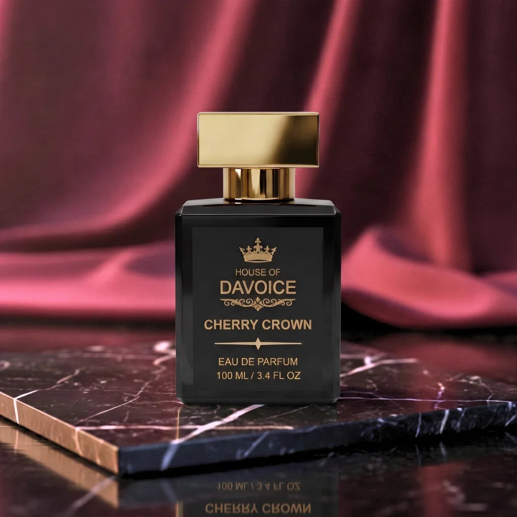 House of DaVoice Cherry Crown luxury cherry perfume displayed on black marble, perfumes similar to Tom Ford Lost Cherry
