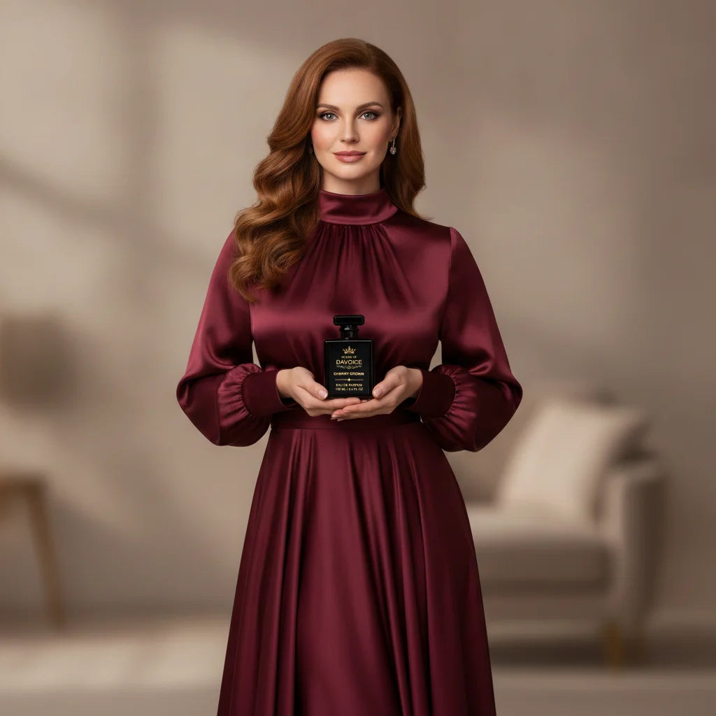 Woman holding House of DaVoice Cherry Crown perfume, perfumes like Lost Cherry Tom Ford with a luxurious cherry fragrance