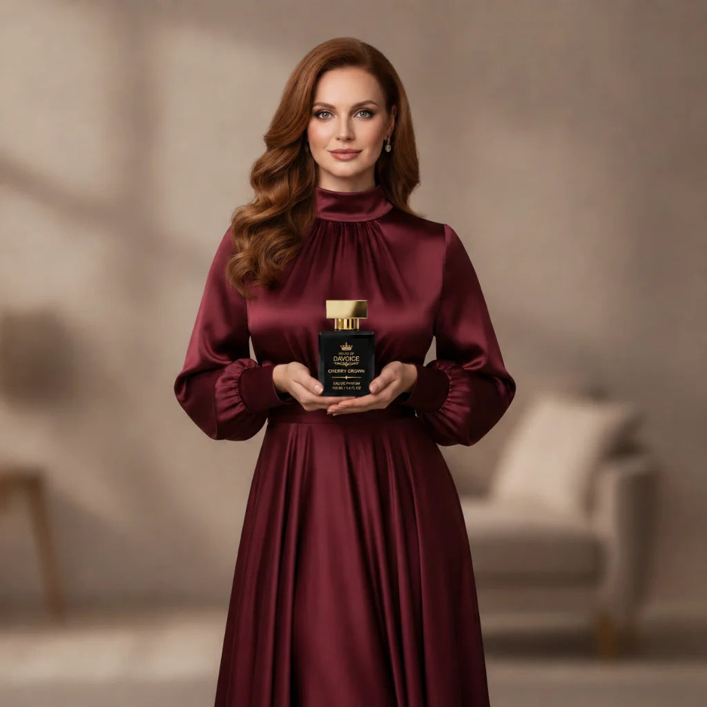 Woman holding House of DaVoice Cherry Crown perfume, perfumes like Lost Cherry Tom Ford with a luxurious cherry fragrance