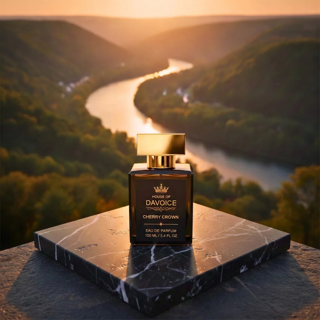 House of DaVoice Cherry Crown perfume overlooking a scenic river valley at sunset, Tom Ford Cherry perfume inspired fragrance