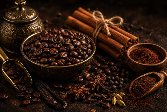 Coffee and spicy fragrance notes with roasted coffee beans, cinnamon and warm spices