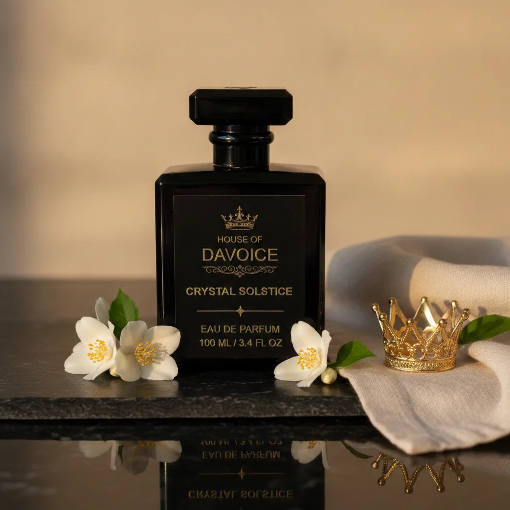 Crystal Solstice perfume 100 mL inspired by Baccarat Rouge perfume displayed on a black stone with gold crown