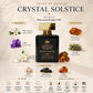 Crystal Solstice 100 mL fragrance notes infographic for a Baccarat Rouge 540 dupe perfume featuring white jasmine, violet, amberwood, oakmoss, musk, tonka bean, and amber