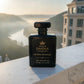 Crystal Solstice perfume 100 mL similar to Baccarat Rouge 540 perfume displayed above a luxury river valley at sunrise
