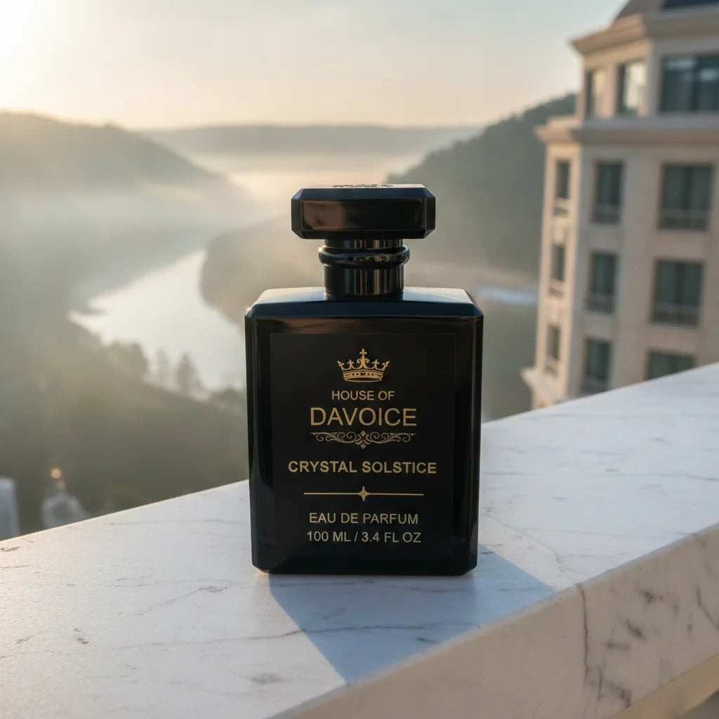 Crystal Solstice perfume 100 mL similar to Baccarat Rouge 540 perfume displayed above a luxury river valley at sunrise