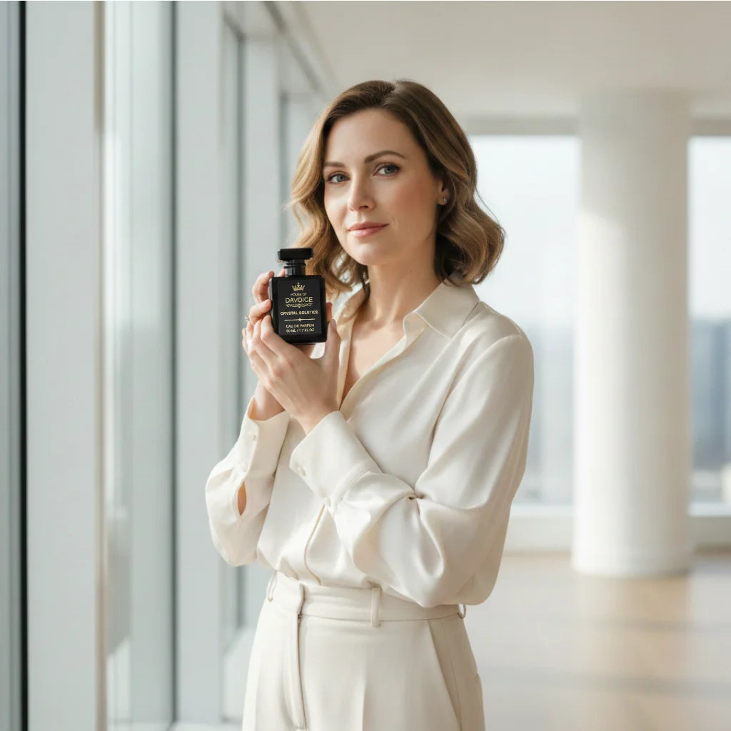 Crystal Solstice perfume 50 mL is a  perfume similar to Baccarat Rouge 540 for women displayed in a luxury editorial portrait of a woman holding it