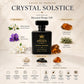 Crystal Solstice 50 mL fragrance notes infographic for a Baccarat Rouge 540 dupe perfume featuring white jasmine, violet, amberwood, oakmoss, musk, tonka bean, and amber