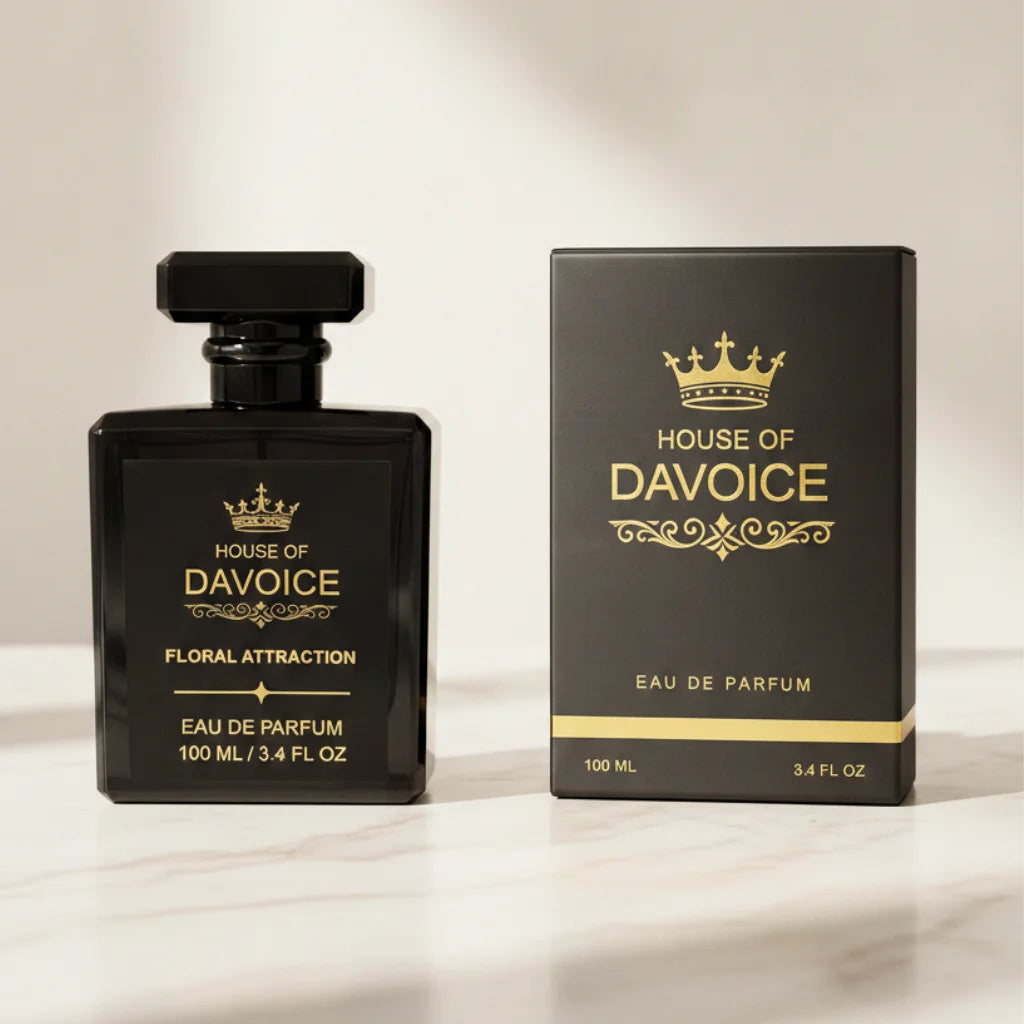 House of DaVoice Floral Attraction Good Girl Inspired Perfume beside matching box, inspired by perfume Carolina Herrera Good Girl