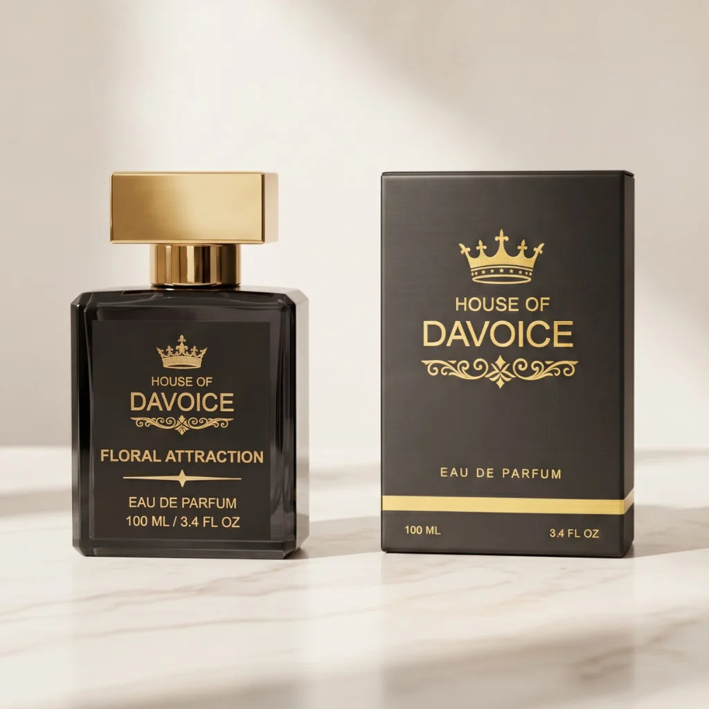 House of DaVoice Floral Attraction Good Girl Inspired Perfume beside matching box, inspired by perfume Carolina Herrera Good Girl