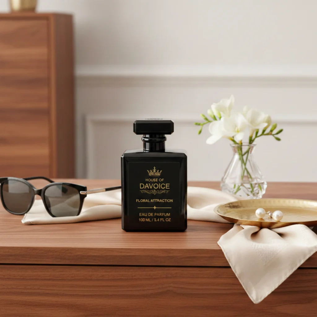 Good Girl Inspired Perfume by House of DaVoice displayed on a luxury dresser with elegant accessories, Perfume Similar to Good Girl by Carolina Herrera