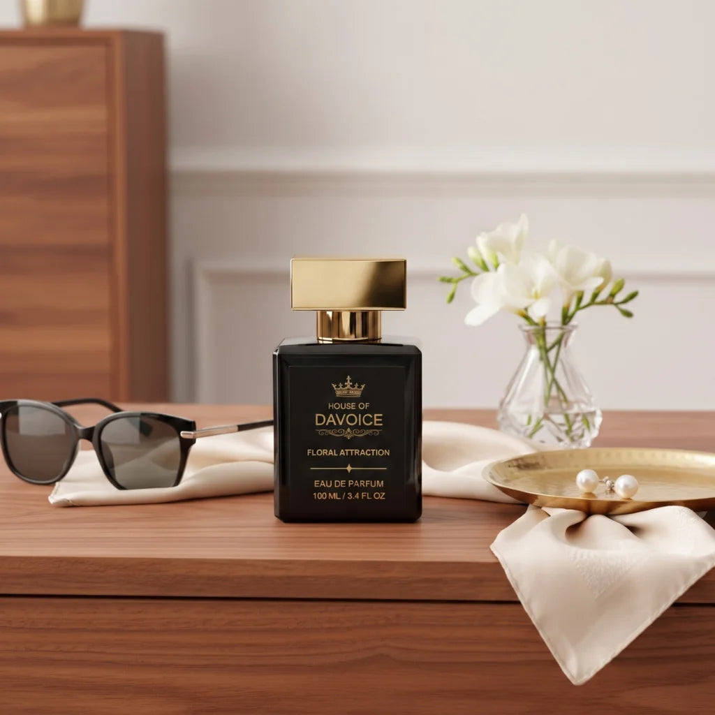 Good Girl Inspired Perfume by House of DaVoice displayed on a luxury dresser with elegant accessories, Perfume Similar to Good Girl by Carolina Herrera