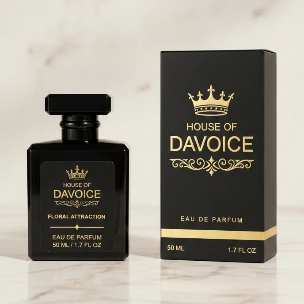House of DaVoice Floral Attraction 50ml Good Girl Dupe beside matching box, Perfume Similar to Good Girl by Carolina Herrera