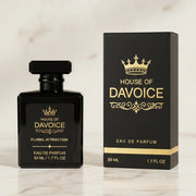 House of DaVoice Floral Attraction 50ml Good Girl Dupe beside matching box, Perfume Similar to Good Girl by Carolina Herrera