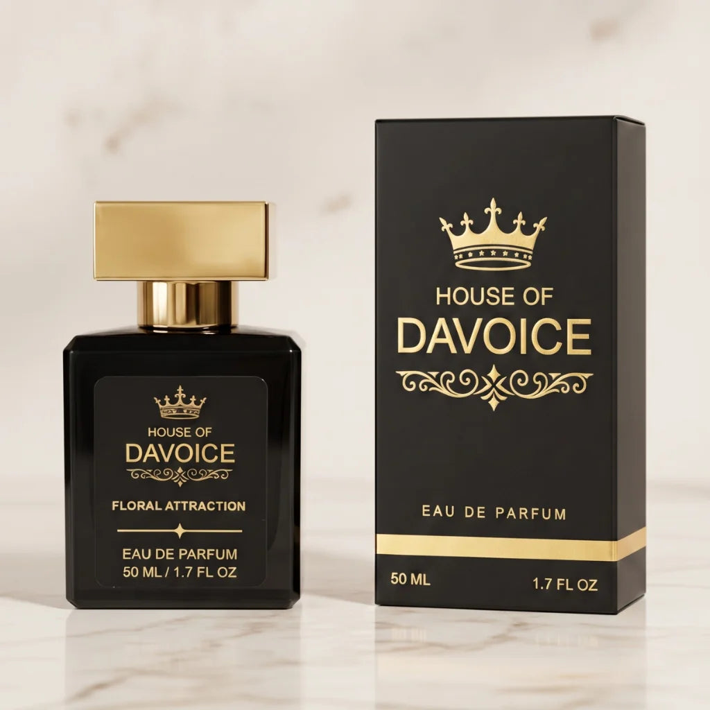 House of DaVoice Floral Attraction 50ml Good Girl Dupe beside matching box, Perfume Similar to Good Girl by Carolina Herrera