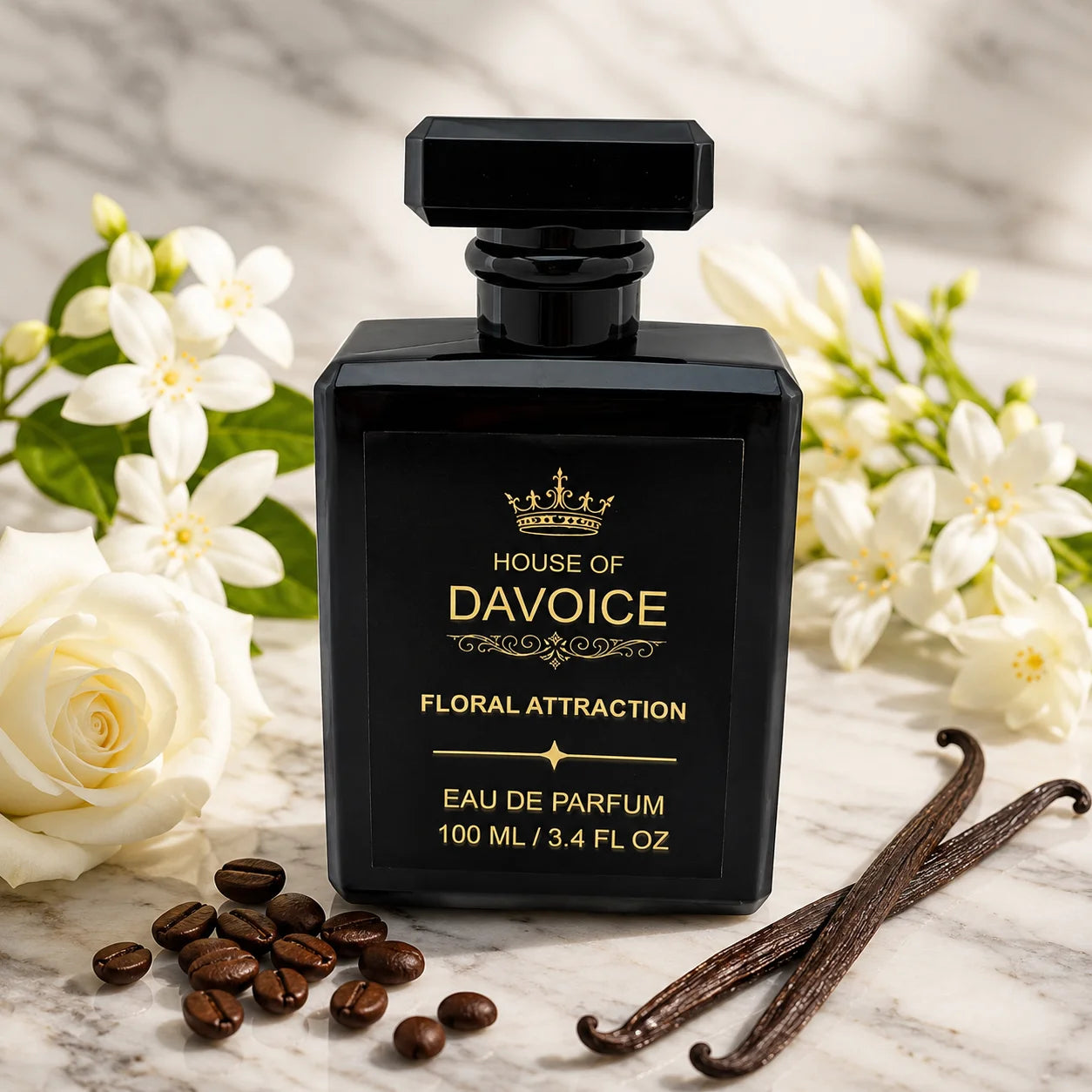 House of DaVoice Floral Attraction surrounded by jasmine and white flowers, Women's Floral Perfume, Perfumes Like Good Girl by Carolina Herrera