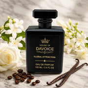 House of DaVoice Floral Attraction surrounded by jasmine and white flowers, Women's Floral Perfume, Perfumes Like Good Girl by Carolina Herrera