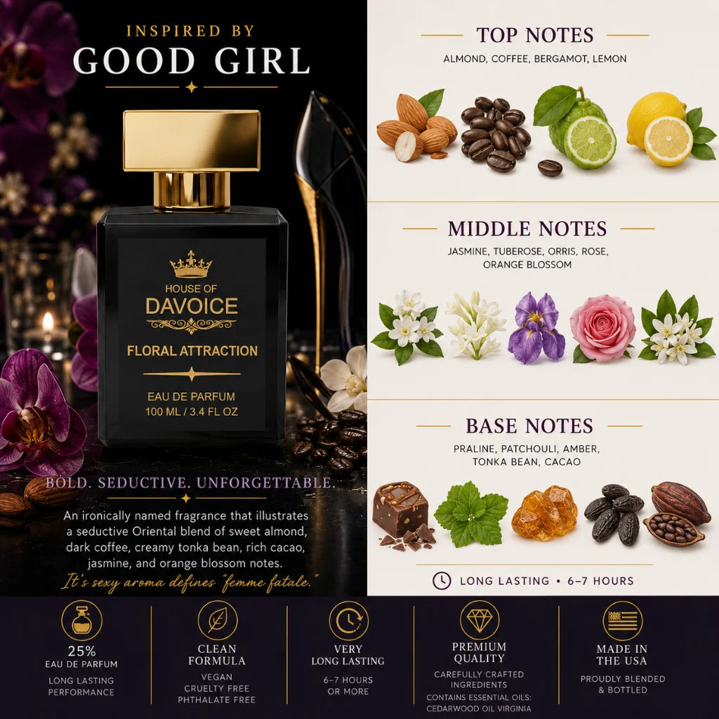 Floral Attraction fragrance notes infographic featuring Scents Similar to Good Girl, Women's Floral Perfume, inspired by Carolina Herrera Good Girl