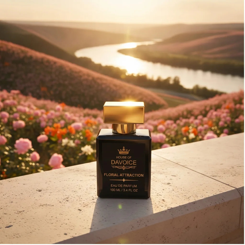 House of DaVoice Floral Attraction overlooking a sunset river valley, Luxury Women's Perfume, Good Girl Inspired Perfume by Carolina Herrera