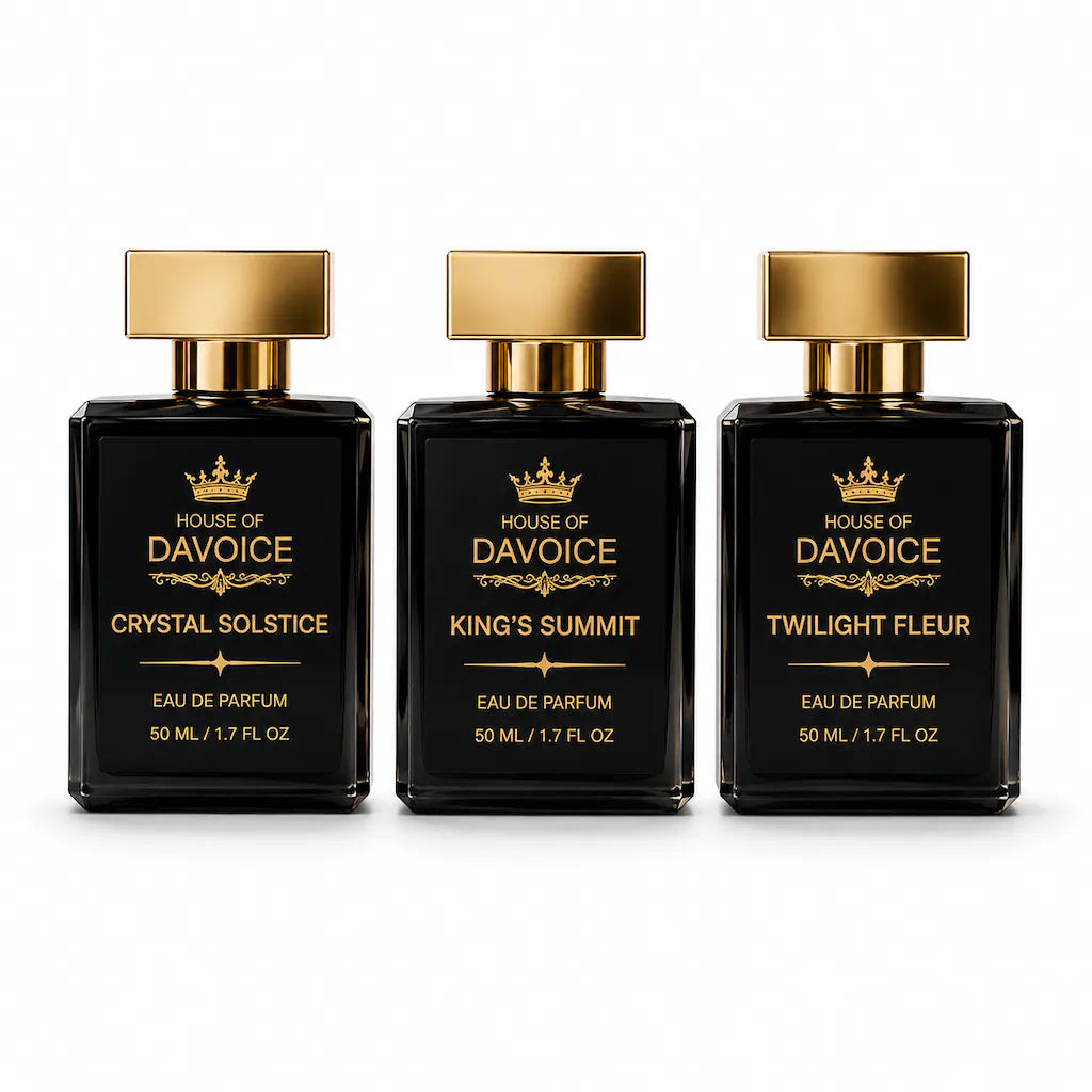 Three House of DaVoice 50ML Eau de Parfum bottles on a white background representing the Build Your Own 3-Fragrance Set