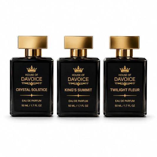 Three House of DaVoice 50ML Eau de Parfum bottles on a white background representing the Build Your Own 3-Fragrance Set