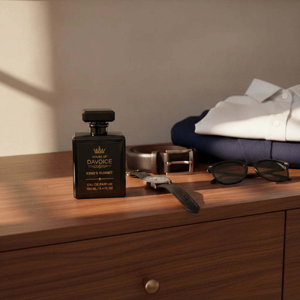 King's Summit luxury dresser lifestyle featuring a cologne similar to Creed Aventus with masculine accessories